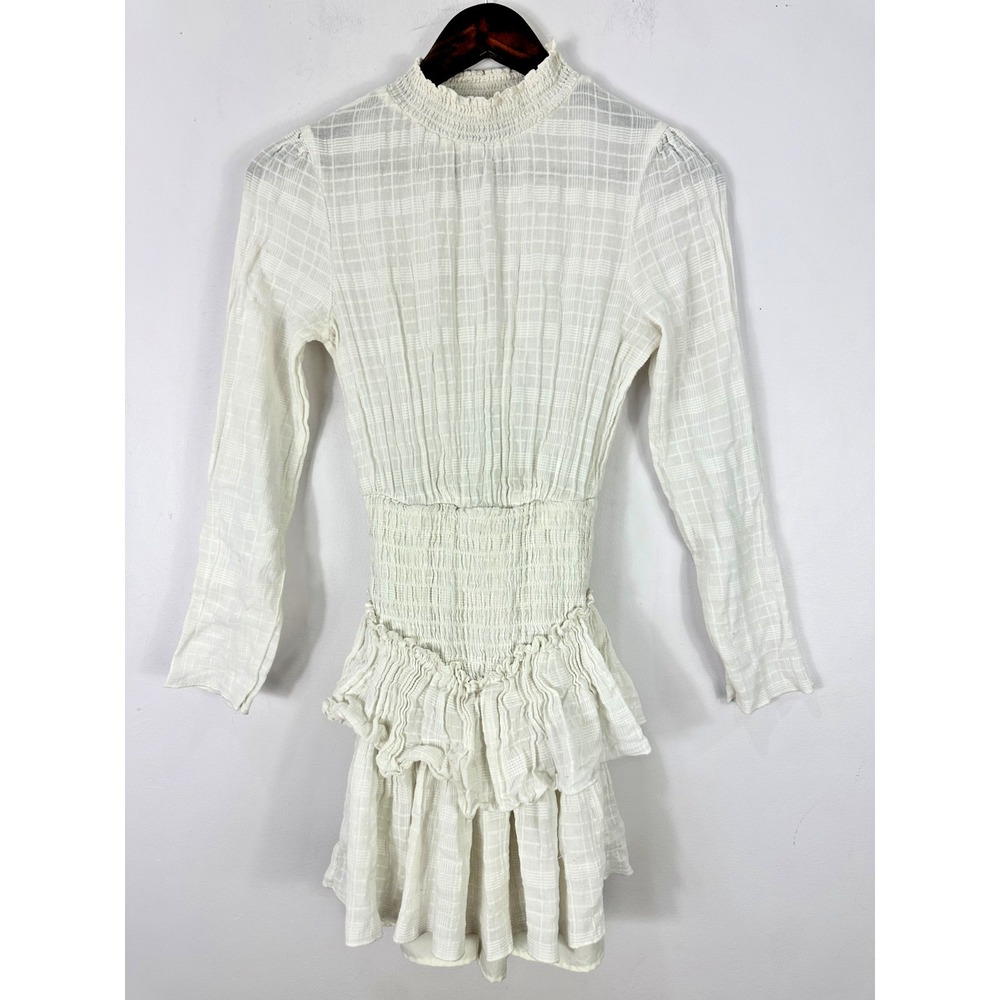 ASOS White Cotton Smocked Mini Dress 4 Long Sleeve Tiered Ruffle Boho Cottage